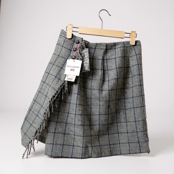 Ines De La Fressange X Uniqlo Plaid Wrap Skirt Size 2 Gray & Blue Wool Blend NEW - Picture 2 of 10